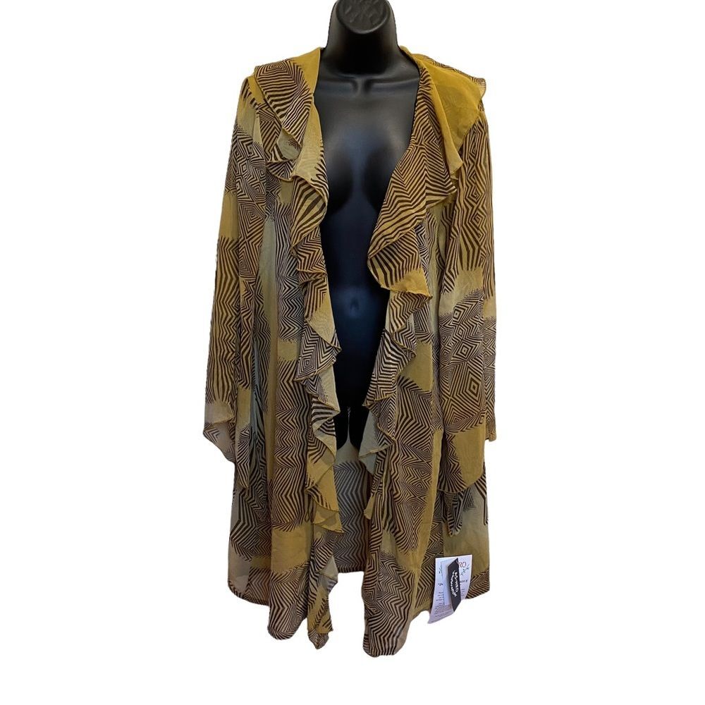 Abstract Geometric Print Ruffle Kimono Cardigan Split Sleeves Size L NWT
